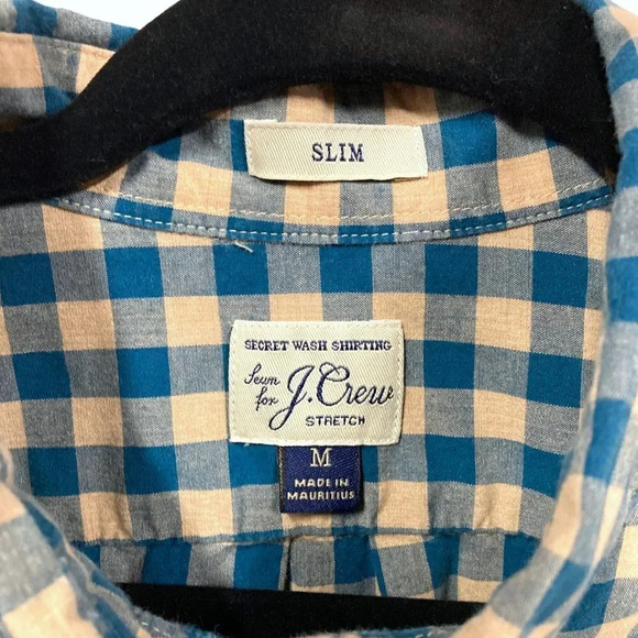 J. Crew Men’s Stretch Button Down Blue & Tan Checked Shirt, Medium Slim - Picture 2 of 7